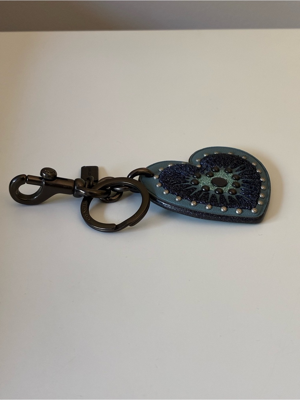 Coach Embroidered Glitter Heart Bag Charm Key Chain With Rivets, Blue / Gunmetal - Picture 7 of 16
